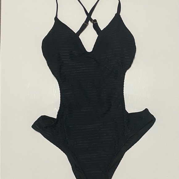 Shade & Shore Black Monokini One Piece with Plunging Neckline - Picture 3 of 6